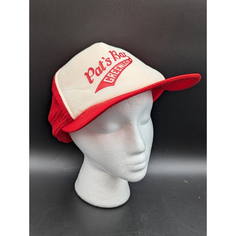 Vintage AJD Trucker Hat Cap Pat's Bar Greenleaf WI Snapback Large Red White Mesh